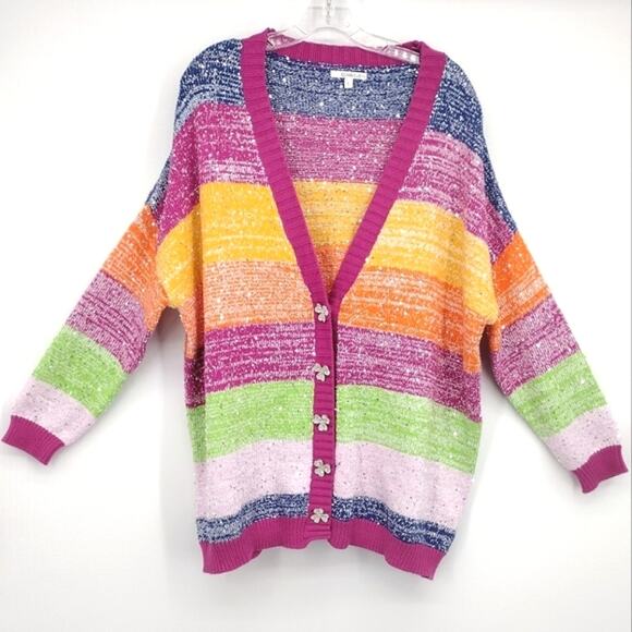 Olivia Rubin Mika Cardigan Sweater in Multicolor Stripe Silver Sequin Size Large - Picture 6 of 14